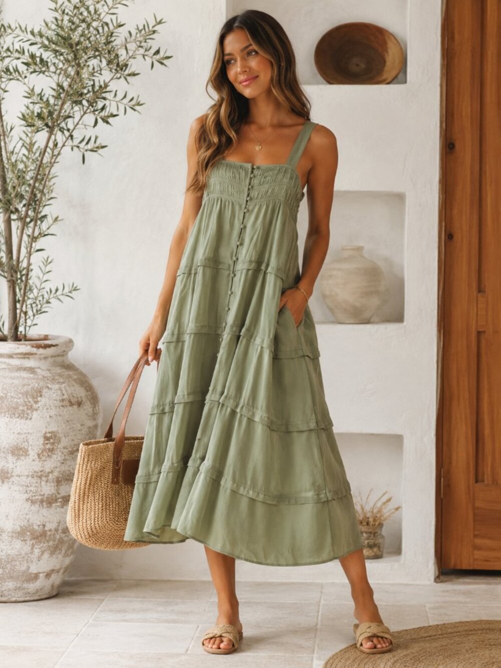 SANCIA Marielle Snow Gum Sage Green Tiered Button Front Midi Dress M
